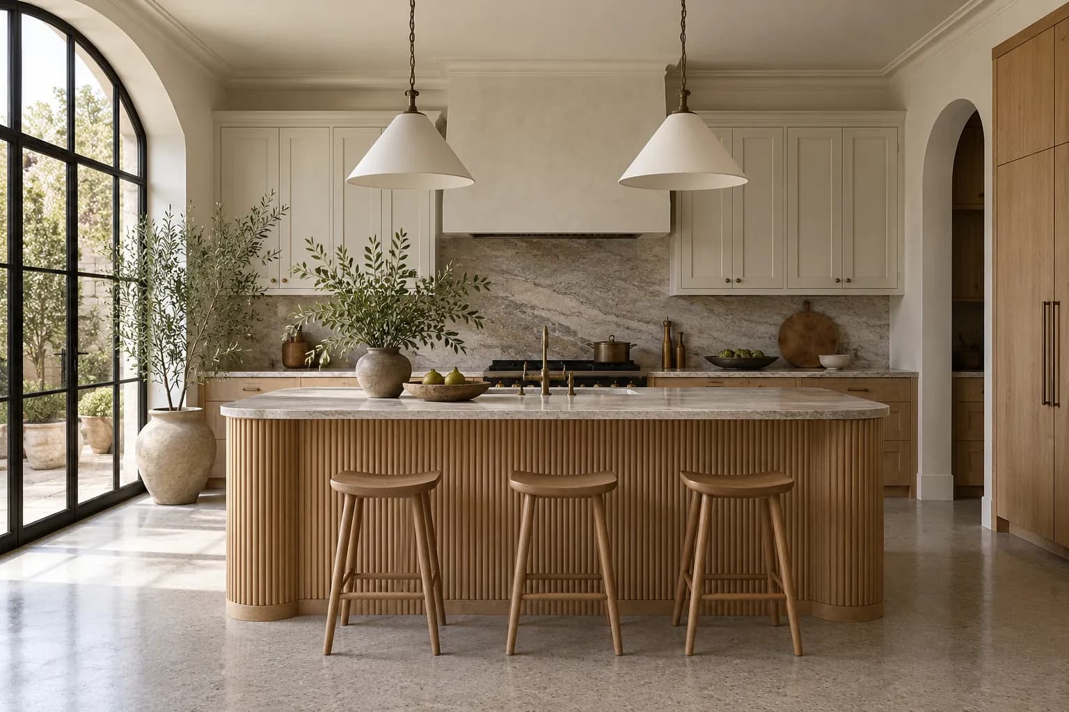 Bright kitchen with an arched window, white cabinetry and a fluted oak island