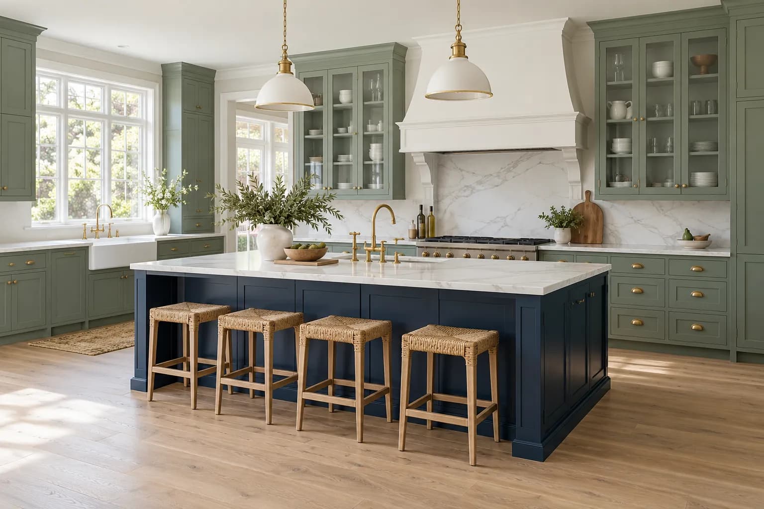 Sage green shaker kitchen with brass handles and a navy blue island with a stone benchtop