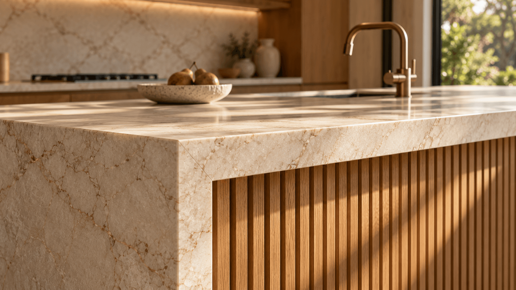 Concept detail of the veined stone island, fluted oak and brushed bronze tap