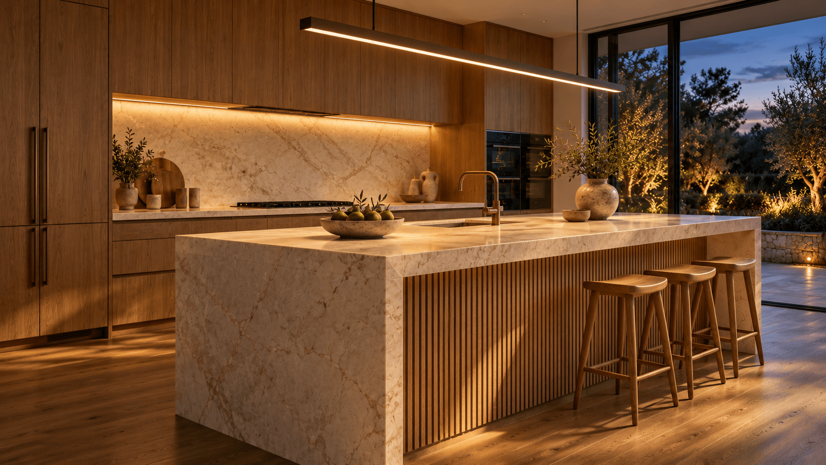 Warmly lit Stonehaus kitchen concept with a stone waterfall island and oak joinery